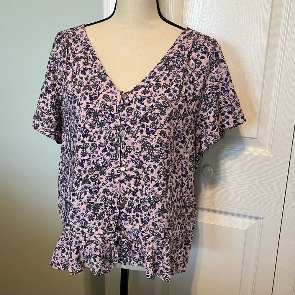 Wrangler Large Pink Silver Button Front V-neck Short Sleeve Shirt Blouse‎ Top